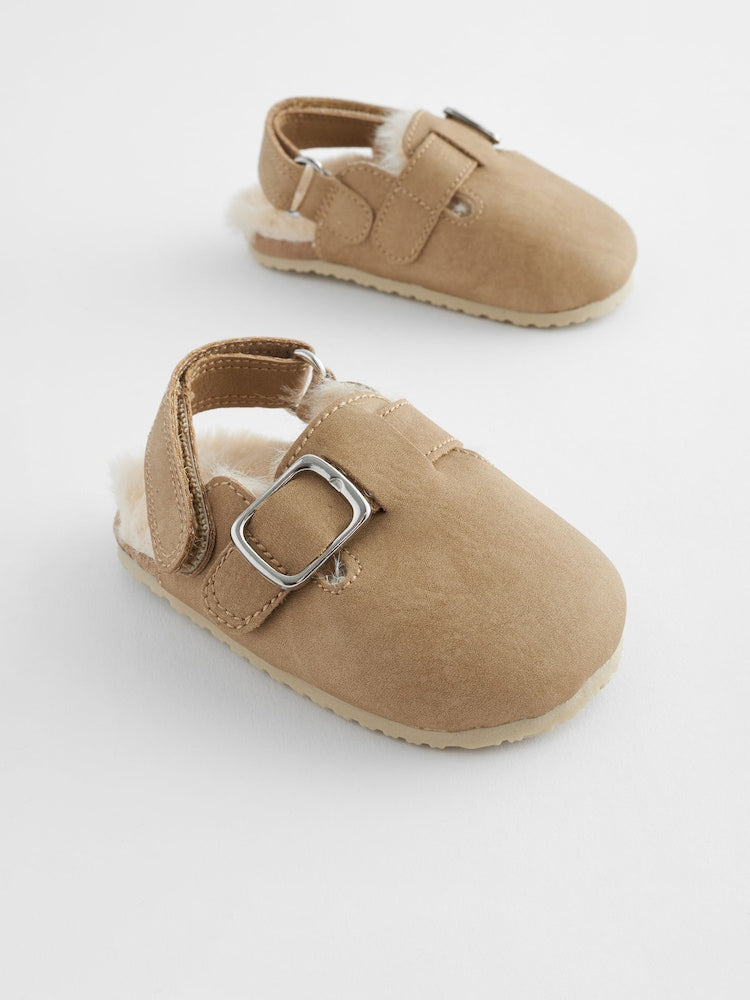 Neutral Faux Fur Lined Baby Clogs (0-18mths) - Size Up To 3 Months (50 - 62cm) - Neutral Faux Fur Lined