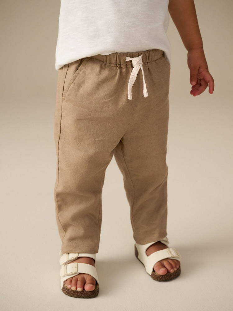 Tan Brown Regular Fit Linen Blend Pull on Trousers (3mths-7yrs)