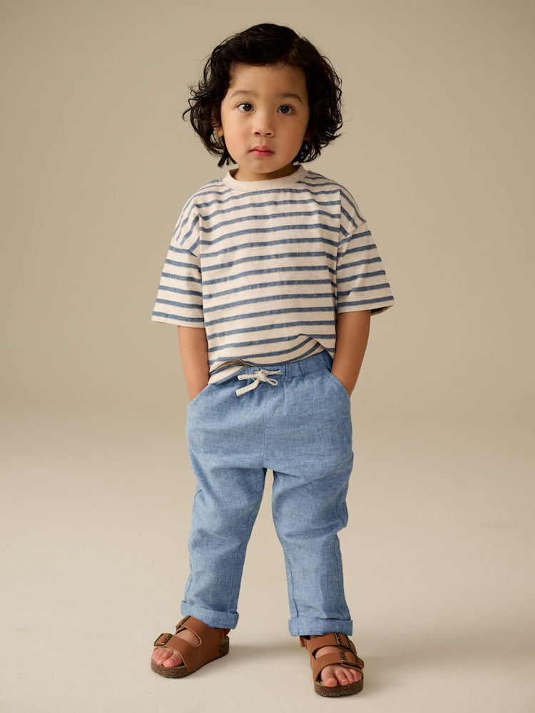 Chambray Blue Regular Fit Linen Blend Pull on Trousers (3mths-7yrs)