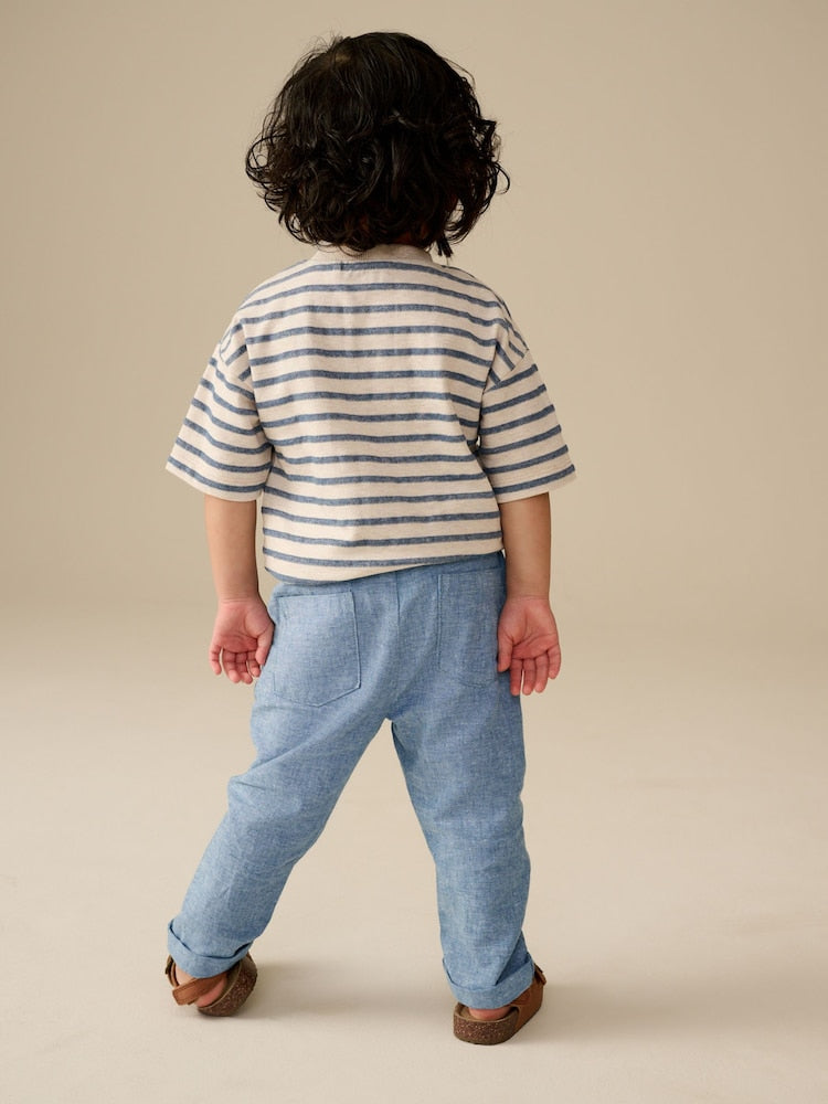 Chambray Blue Regular Fit Linen Blend Pull on Trousers (3mths-7yrs)