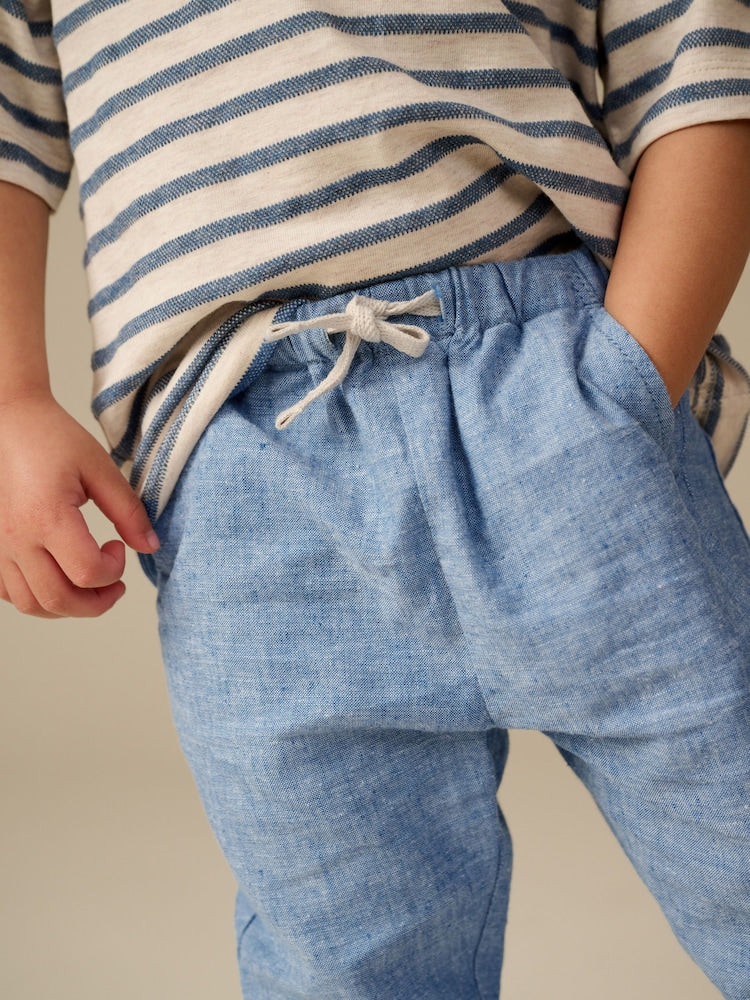 Chambray Blue Regular Fit Linen Blend Pull on Trousers (3mths-7yrs)