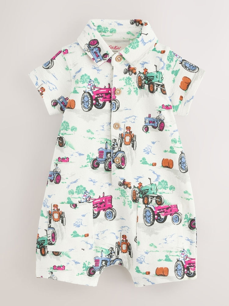 Ecru Tractor Printed Collared 100% Cotton Cath Kidston Romper