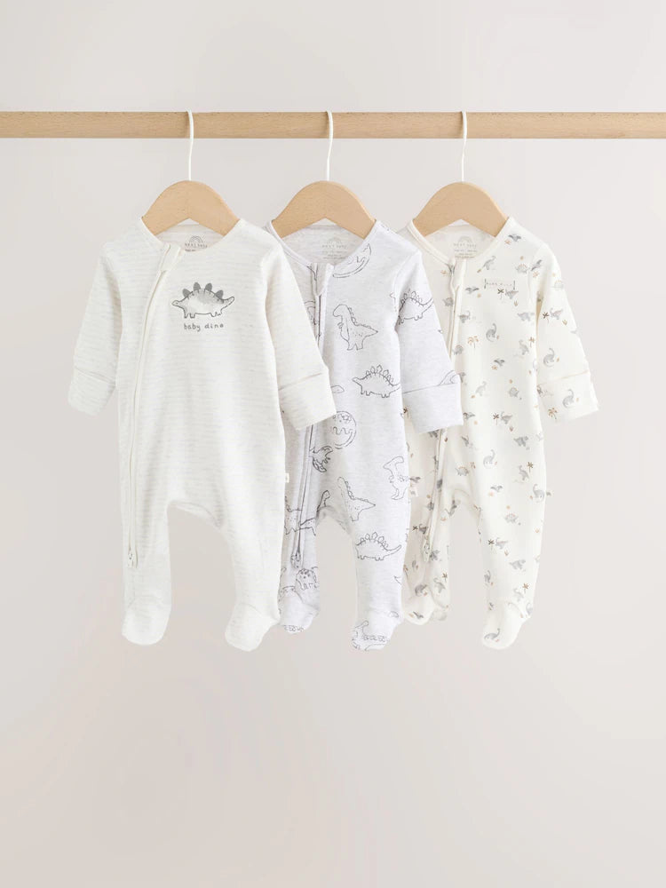 Grey Baby Two Way Zip Sleepsuits 3 Pack (0-2yrs)