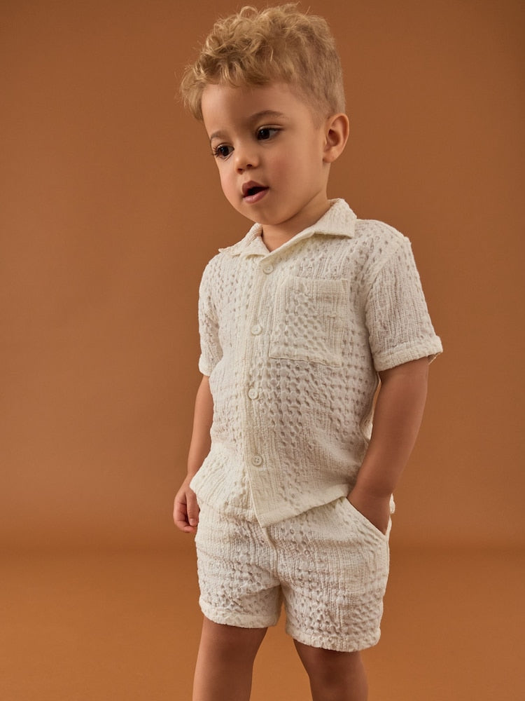 Ecru Texture Plain Revere Collar Short Sleeve Shirt And Shorts Set (3mths-7yrs)