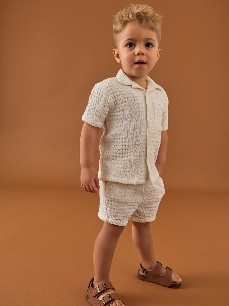 Ecru Texture Plain Revere Collar Short Sleeve Shirt And Shorts Set (3mths-7yrs)