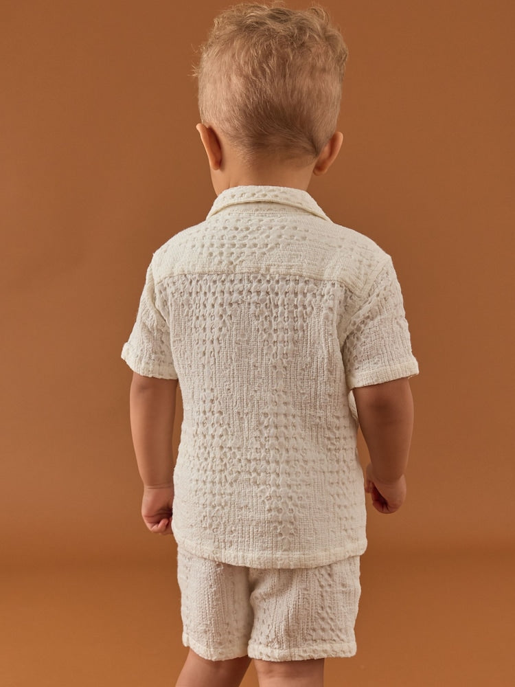 Ecru Texture Plain Revere Collar Short Sleeve Shirt And Shorts Set (3mths-7yrs)