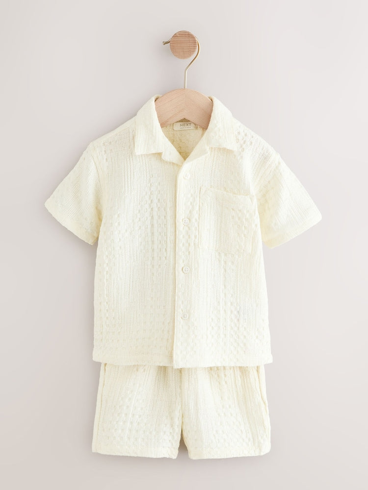 Ecru Texture Plain Revere Collar Short Sleeve Shirt And Shorts Set (3mths-7yrs)