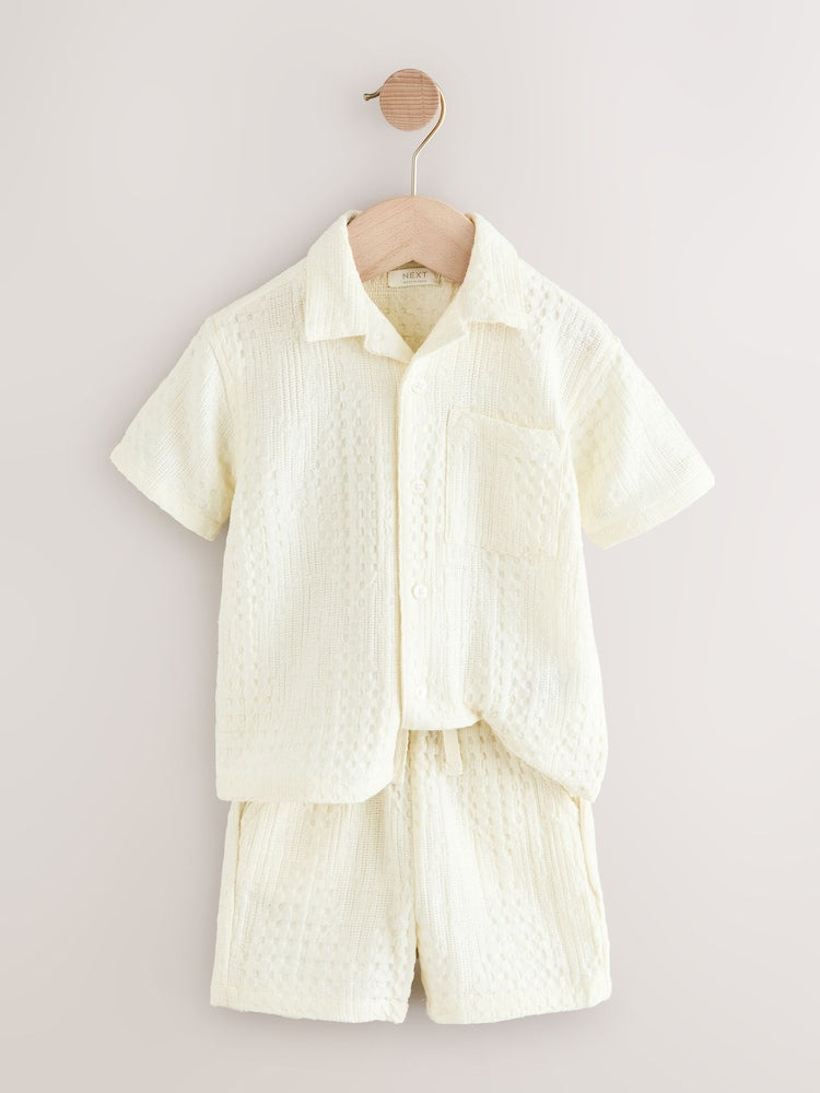 Ecru Texture Plain Revere Collar Short Sleeve Shirt And Shorts Set (3mths-7yrs)