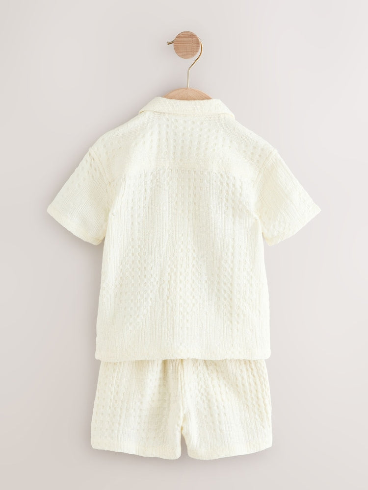 Ecru Texture Plain Revere Collar Short Sleeve Shirt And Shorts Set (3mths-7yrs)