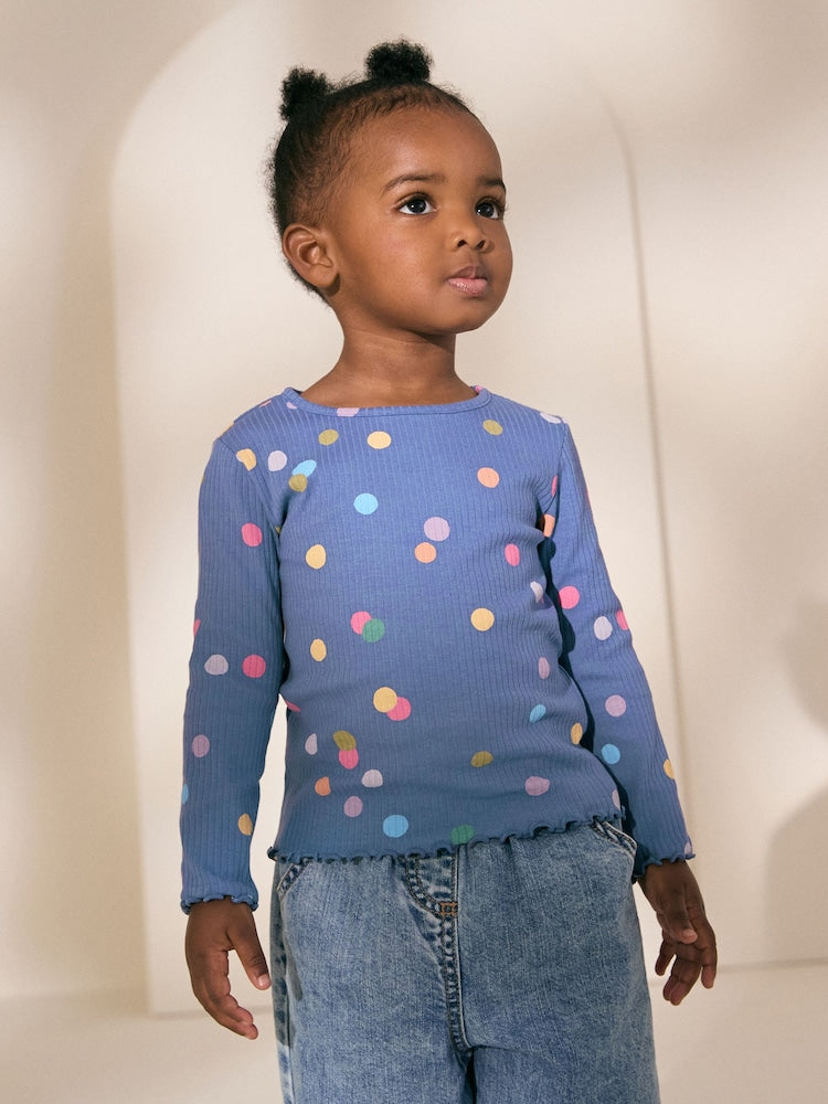Blue/Multi Spot Rib Long Sleeve T-Shirt (3mths-7yrs) - Size 3-6 Months (62-68cm) - Blue/Multi Spot Rib Long Sleeve