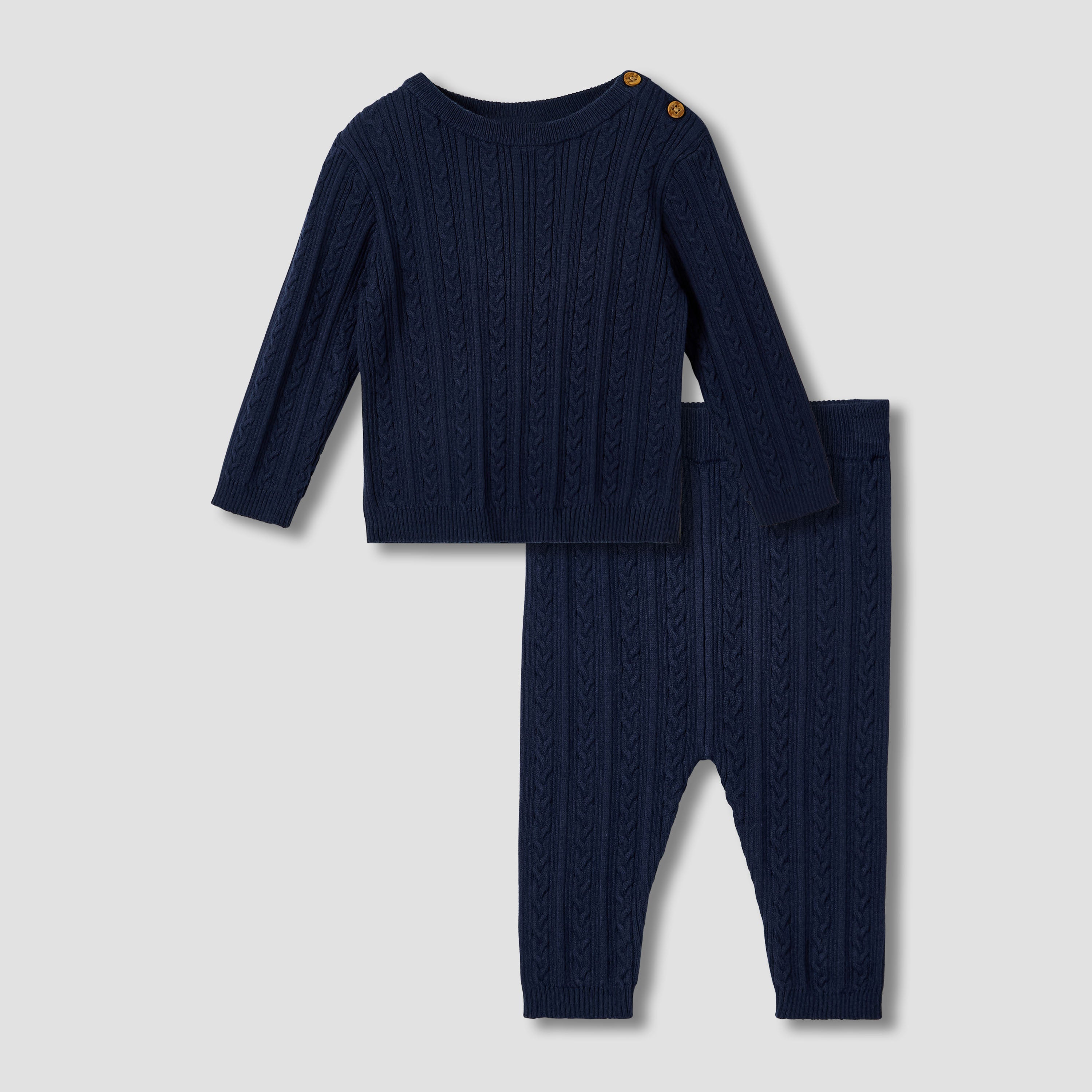 Juniros Cotton Round Neck Long Sleeve Pyjama Set with Knit Texture - Blue / 18-24 mths