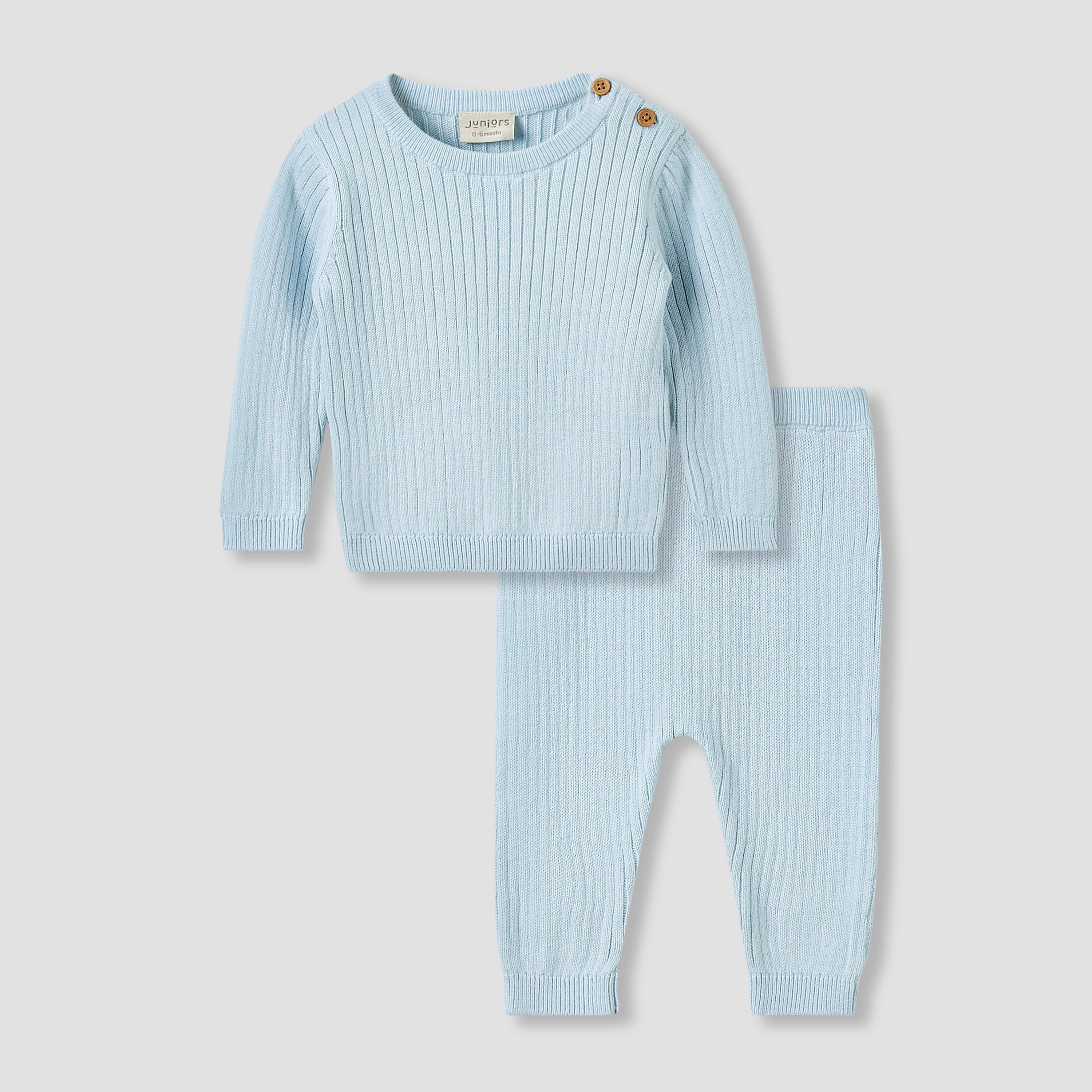 Juniors Pyjama Set with Ribbed Texture - Cotton - Long Sleeves - Blue / 12-18 mths