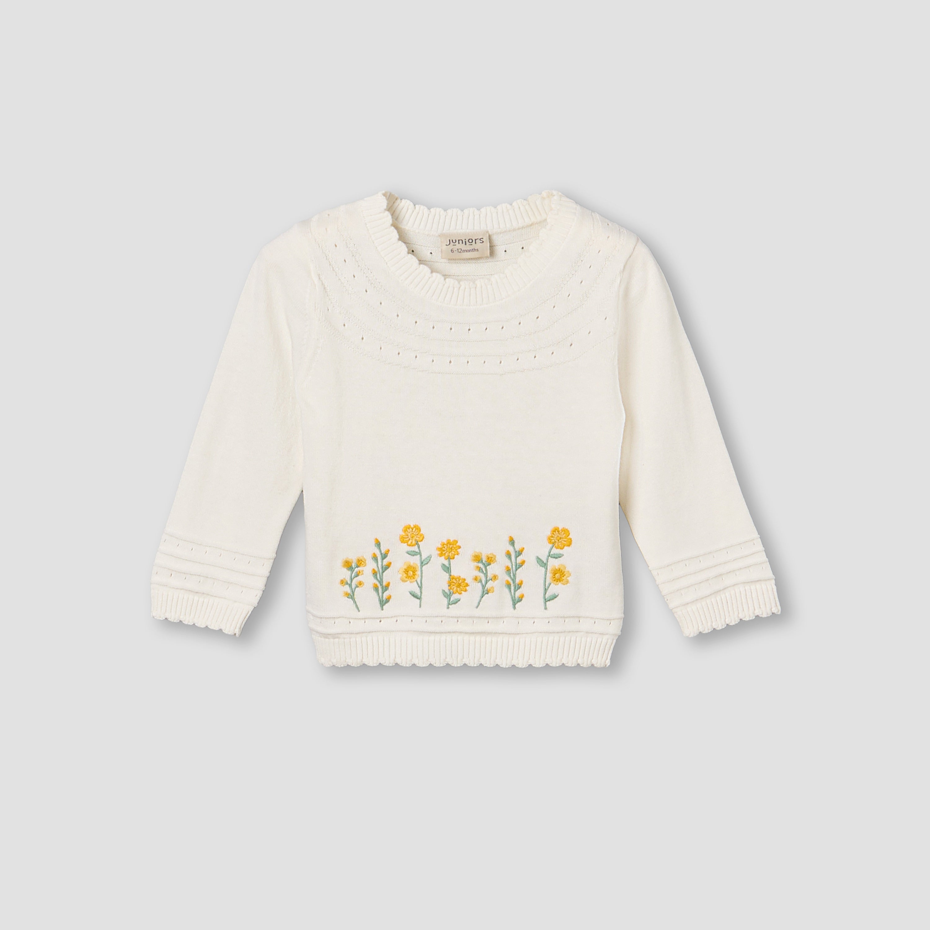 Juniors Cotton Crew Neck Long Sleeves Pyjama Set with Floral Embroidery