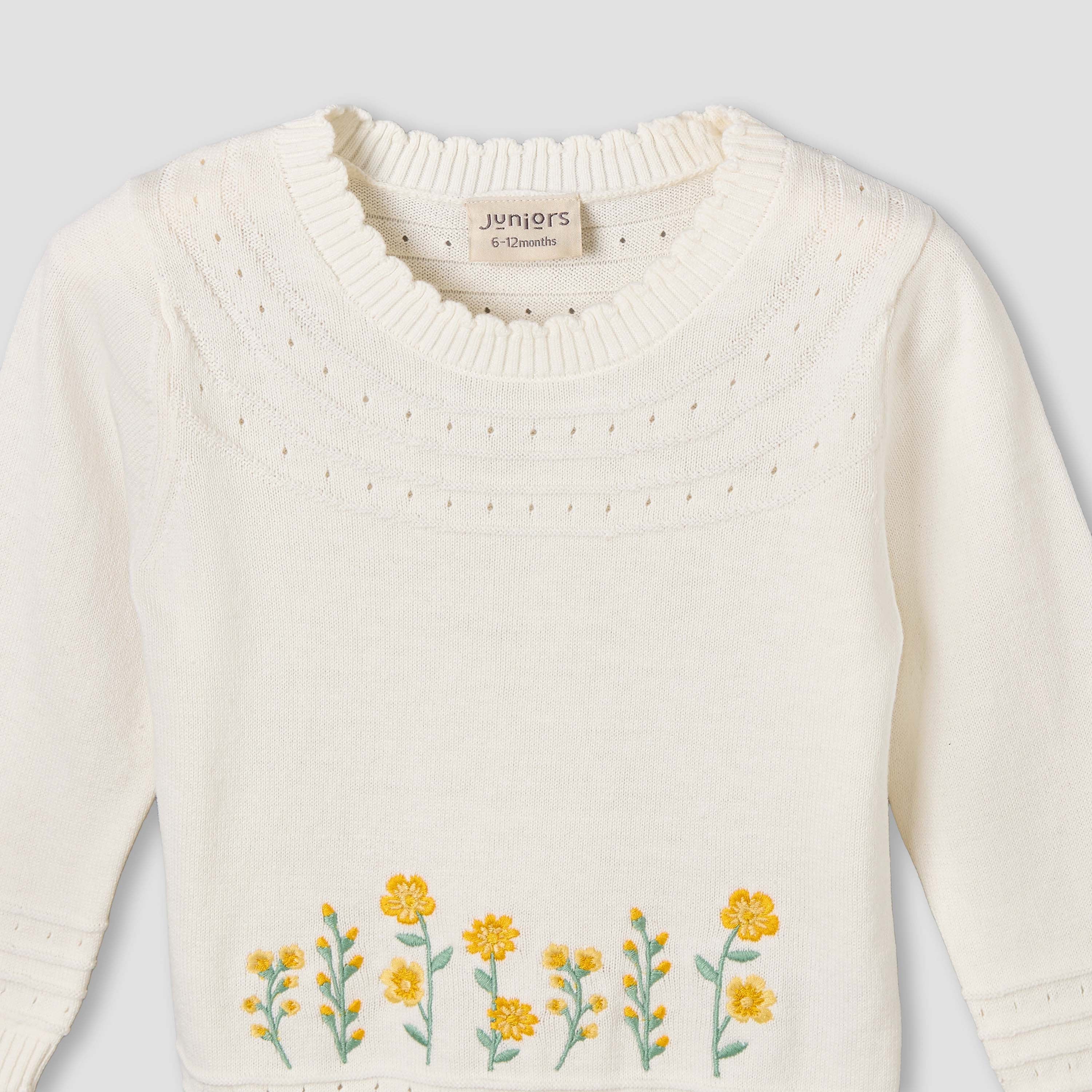 Juniors Cotton Crew Neck Long Sleeves Pyjama Set with Floral Embroidery
