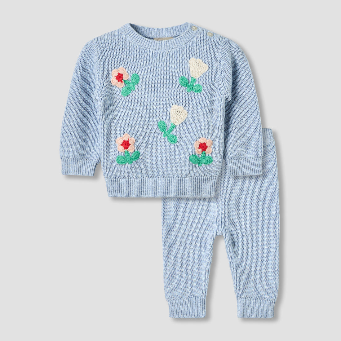 Juniors Round Neck Long Sleeves Pyjama Set with Floral Embroidery - Blue / 12-18 mths
