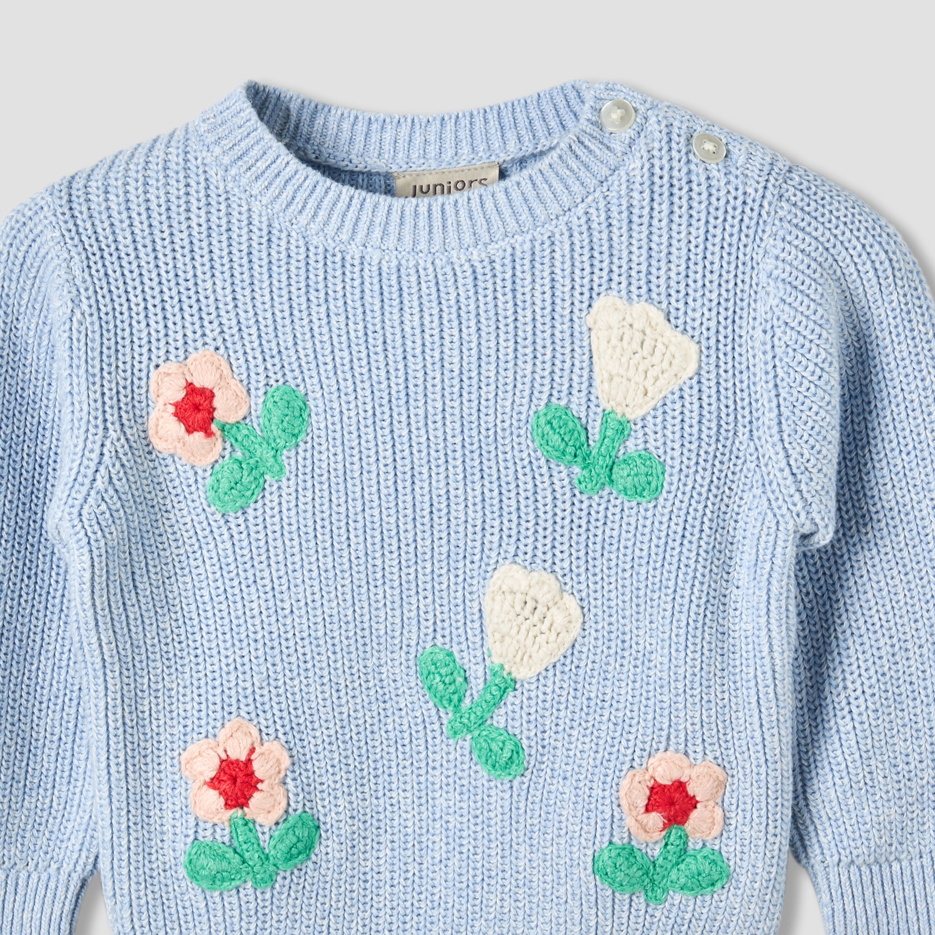 Juniors Round Neck Long Sleeves Pyjama Set with Floral Embroidery
