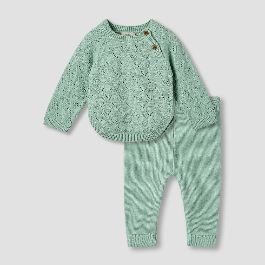 Juniors Cotton Crew Neck Long Sleeves Pyjama Set with Knit Texture - Green / 12-18 mths