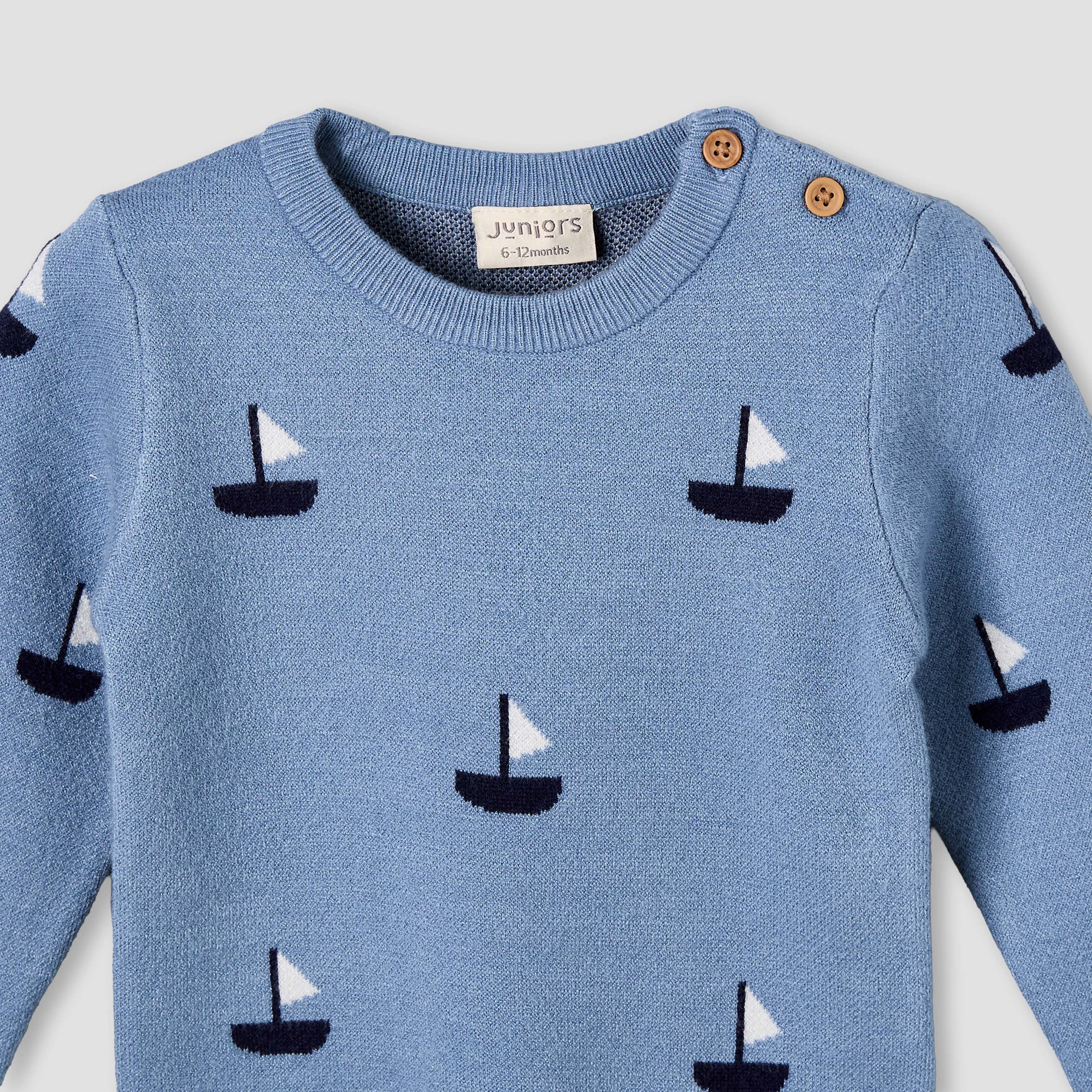 Juniors Round Neck Long Sleeves Pyjama Set with Sailboat Print