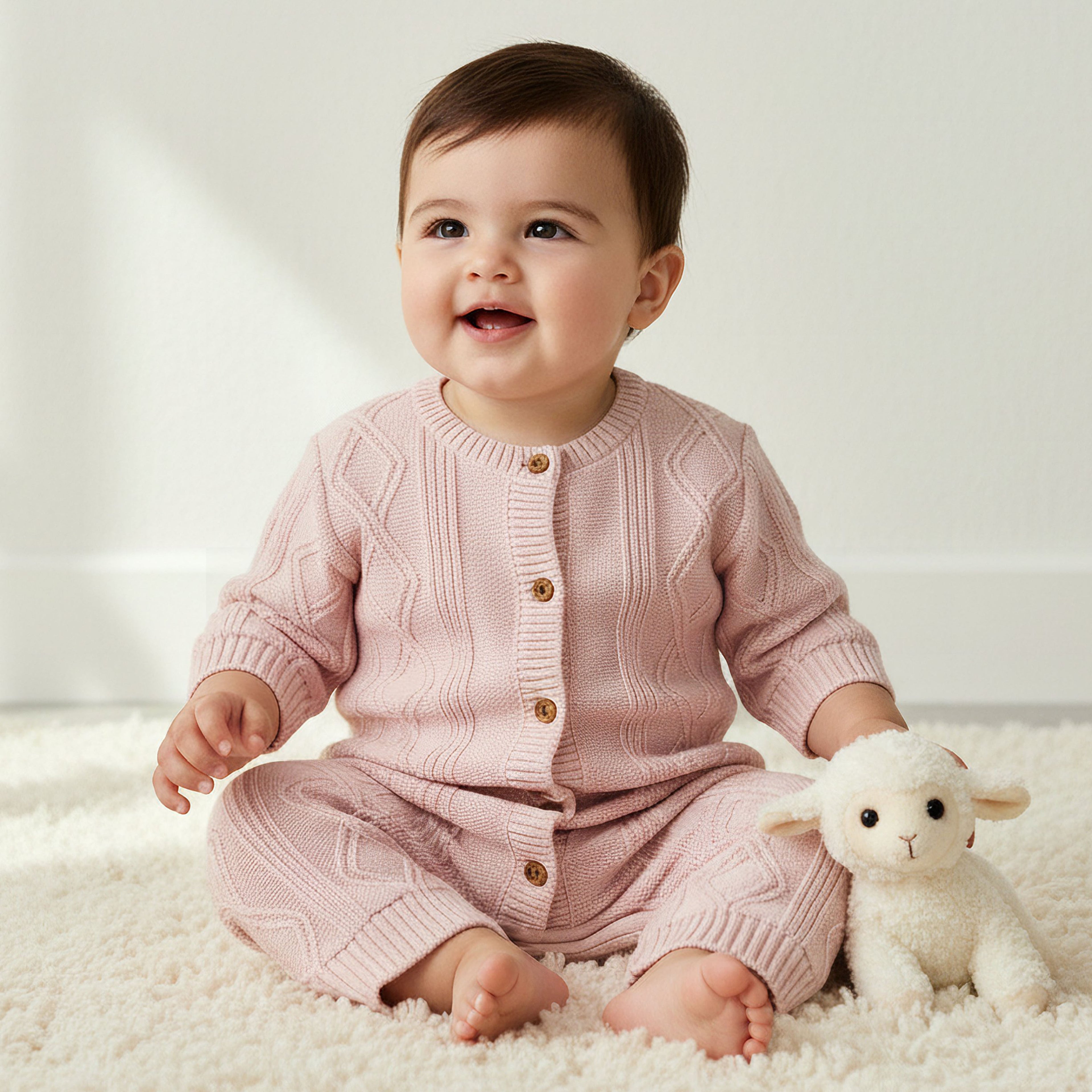 Juniors Cotton Crew Neck Long Sleeves Sleepsuit with Knit Texture - Pink / 12-18 mths