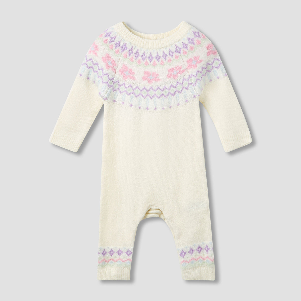 Juniors Cotton Crew Neck Long Sleeves Sleepsuit with Fair Isle Texture - Cream / 12-18 mths