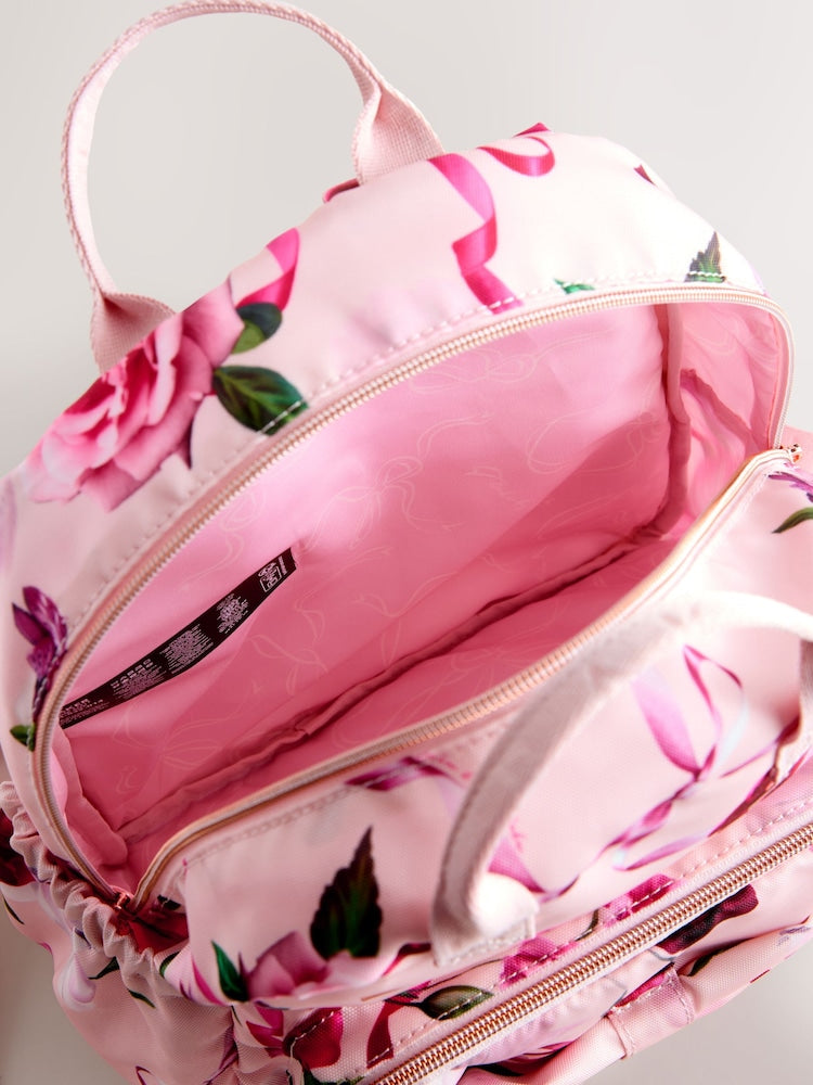 Baker by Ted Baker Girls Pink Back to School Floral Print Bow Backpack - Size One