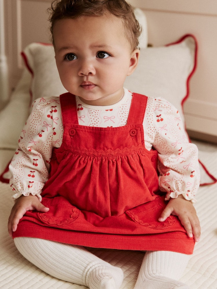 Red Bow Baby Cord Pinafore Long Sleeve Bodysuit & Tights Set (0mths-2yrs)