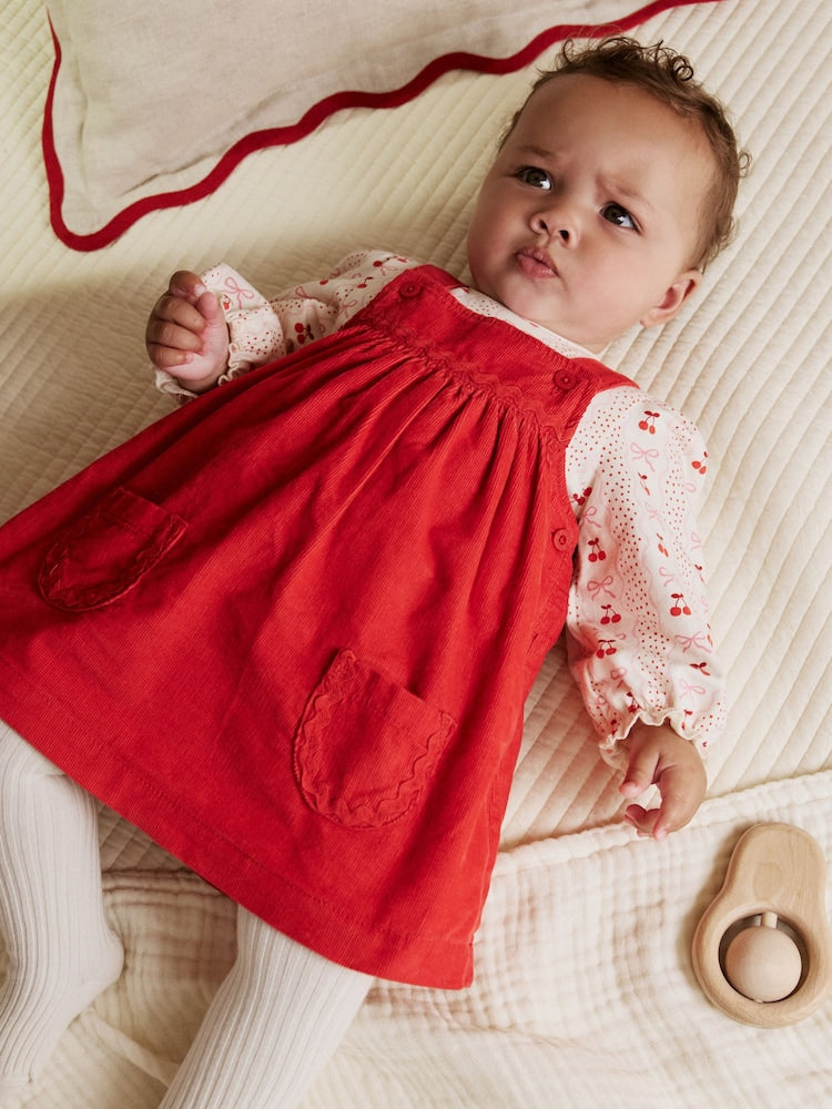 Red Bow Baby Cord Pinafore Long Sleeve Bodysuit & Tights Set (0mths-2yrs)