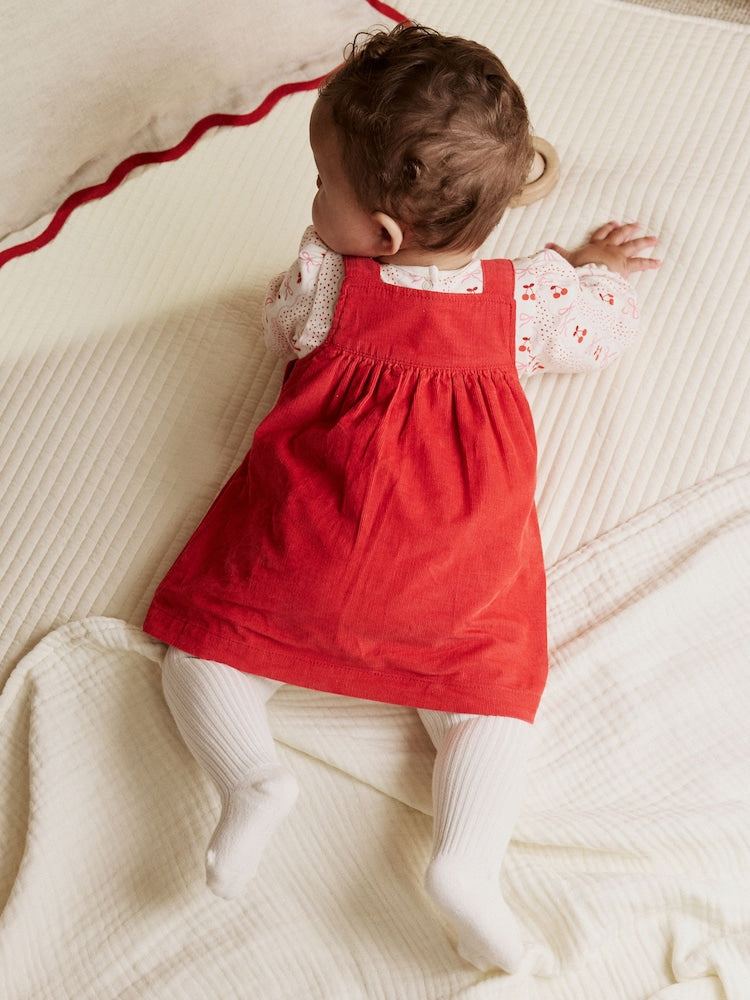 Red Bow Baby Cord Pinafore Long Sleeve Bodysuit & Tights Set (0mths-2yrs)