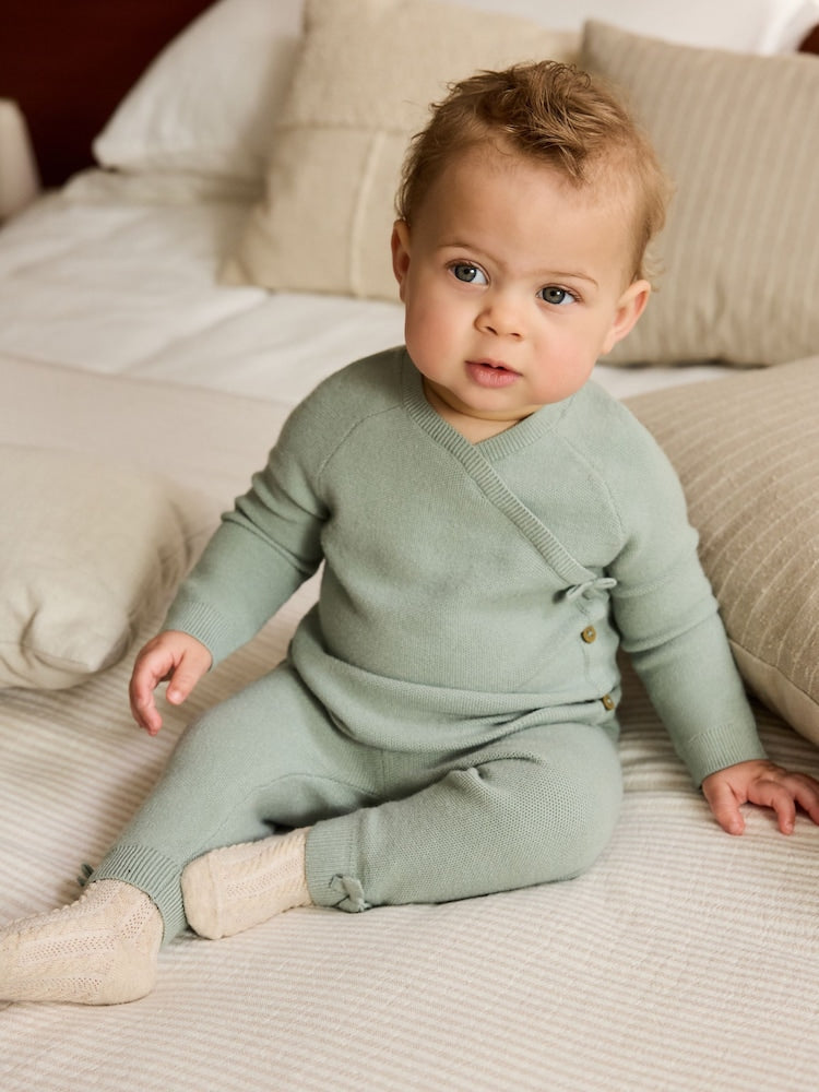 Sage Green Baby Knitted Wrap Jumper and Leggings 2 Piece Set (0mths-2yrs) - Sage Green / 12-18 Months (80-86cm)