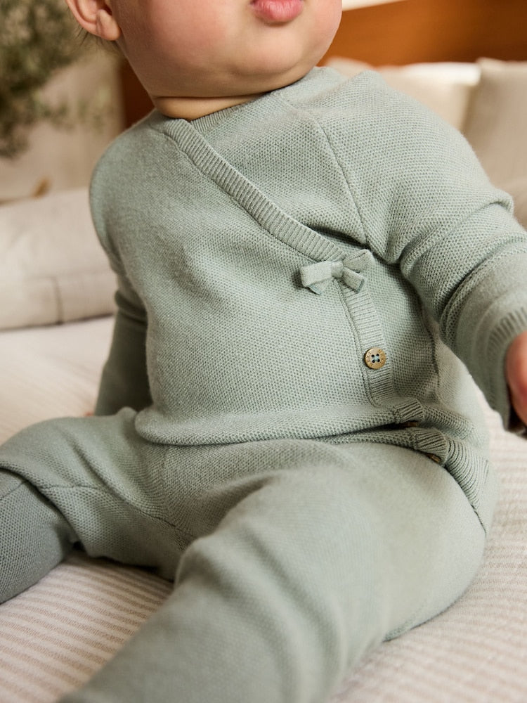 Sage Green Baby Knitted Wrap Jumper and Leggings 2 Piece Set (0mths-2yrs)