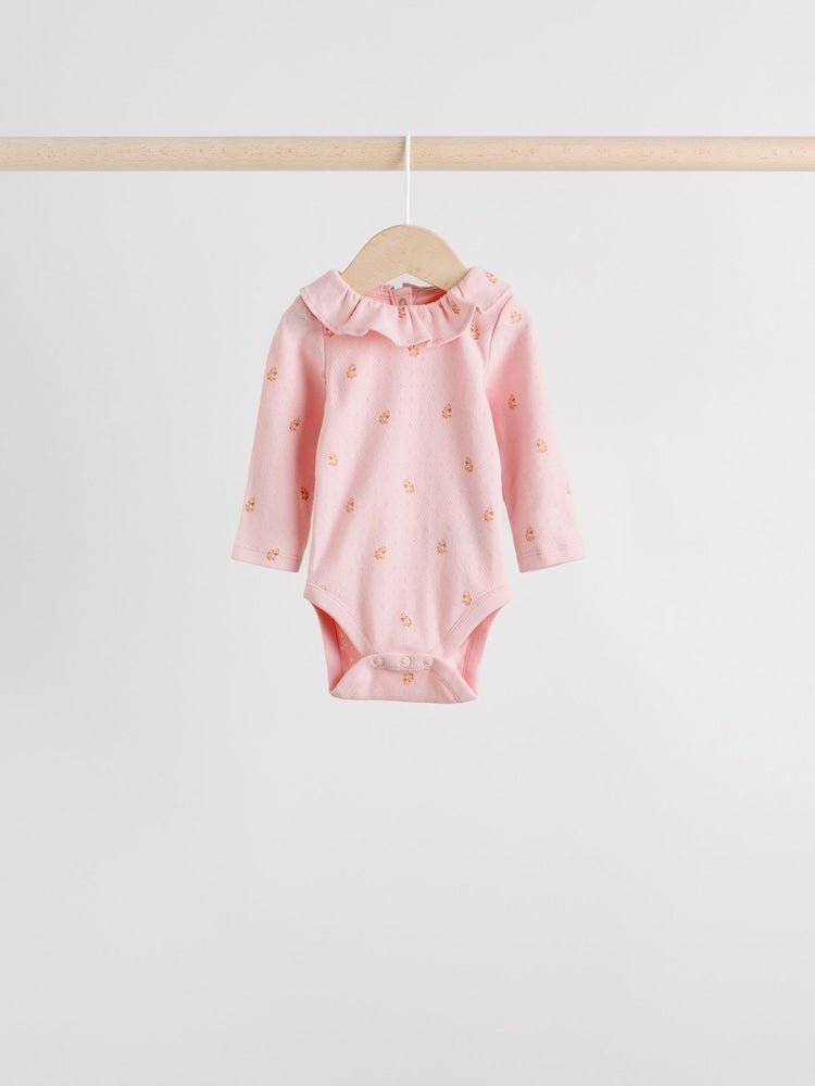 Pink/ Cream/ Brown Ditsy Baby Long Sleeve Frill Bodysuits 4 Pack (0mths-2yrs)