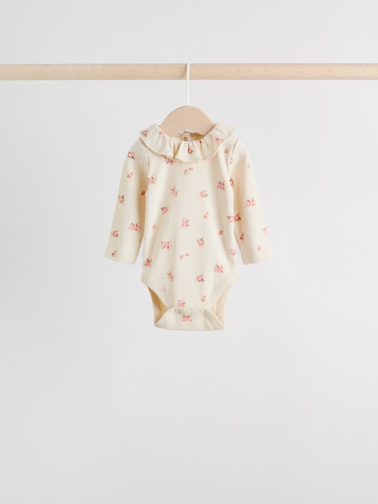Pink/ Cream/ Brown Ditsy Baby Long Sleeve Frill Bodysuits 4 Pack (0mths-2yrs)