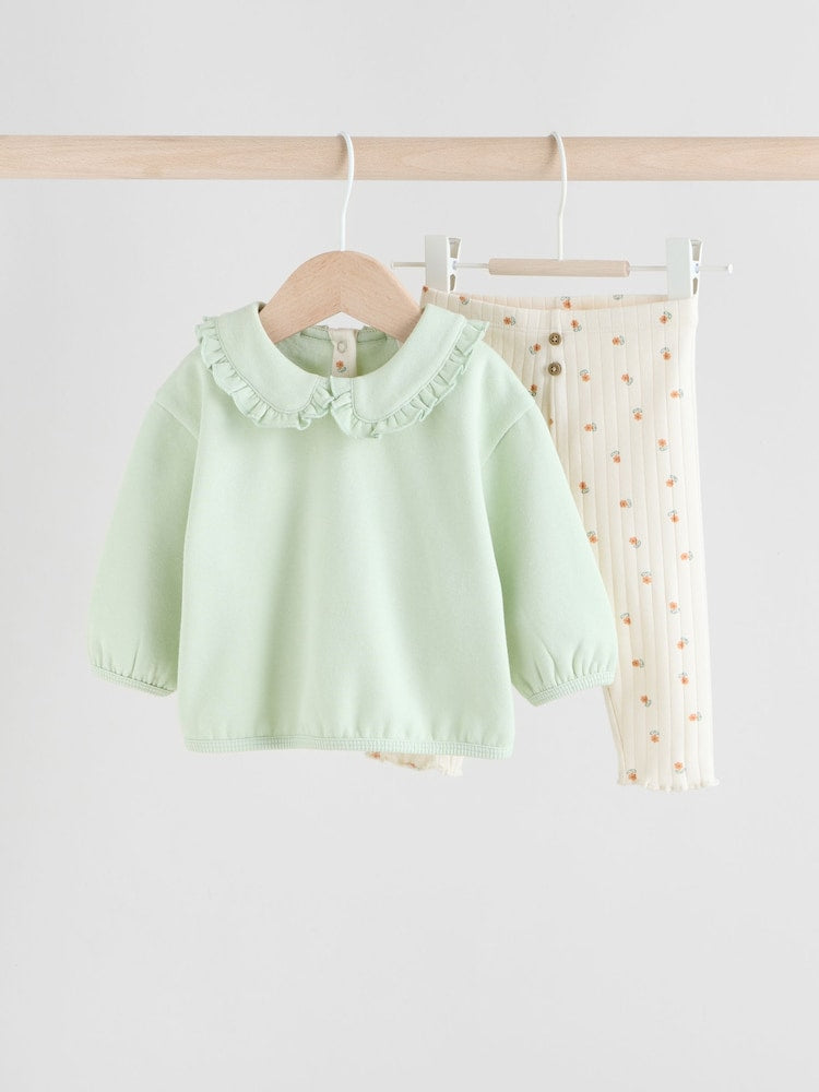 Sage Green/ Cream Ditsy Baby Frill Collar Sweater and Leggings 2 Piece Set (0mths-2yrs) - 12-18 Months (80-86cm)