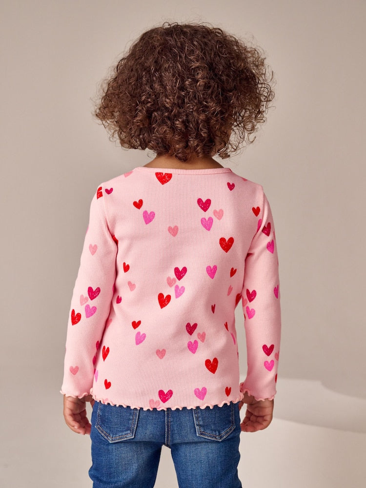 Pink Heart Rib Long Sleeve T-Shirt (3mths-7yrs) - Size 3-6 Months (62-68cm)