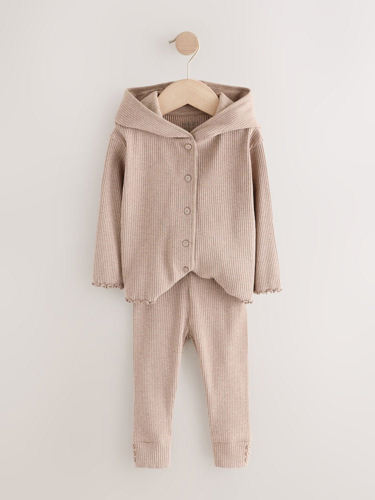 Brown Ribbed Hooded Cardigan and Leggings Set (3mths-7yrs)