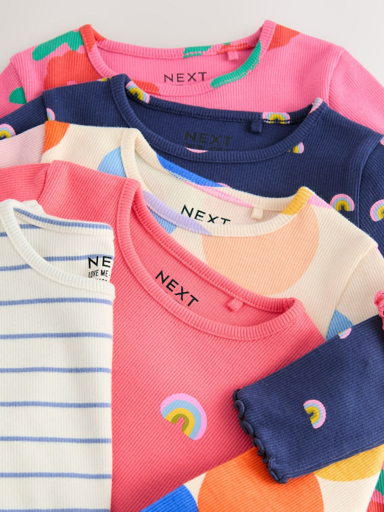 Rainbow Spot Long Sleeve Rib Tops 5 Pack (3mths-7yrs)
