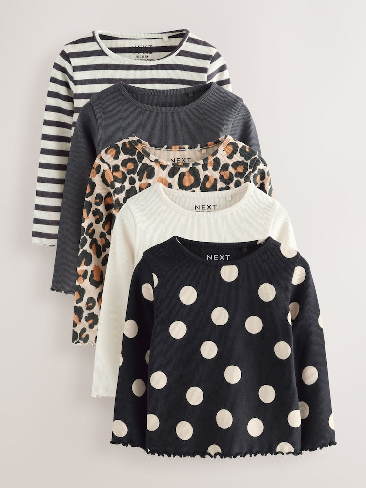 Black/White Long Sleeve Ribbed Tops 5 Pack (3mths-7yrs)