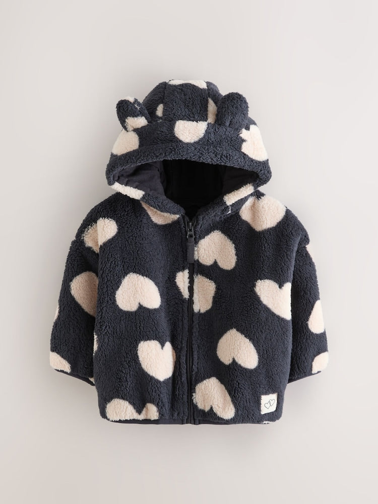 Black Heart Print Zip Through Fleece (3mths-7yrs) - Size 3-6 Months (62-68cm)