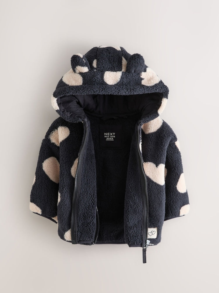 Black Heart Print Zip Through Fleece (3mths-7yrs) - Size 3-6 Months (62-68cm)