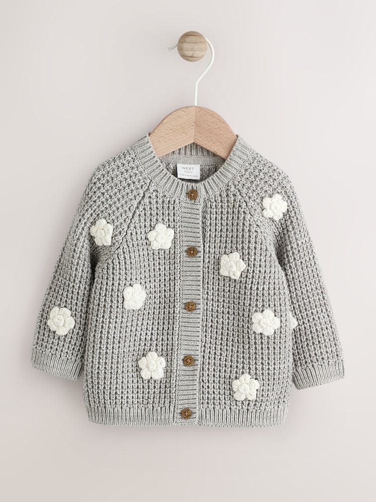 Grey Crochet Flowers Baby Knitted Cardigan (0mths-3yrs) - Size Up to 1 Month (56cm) - Grey Crochet Flowers