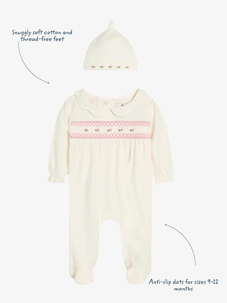 JoJo Maman Bébé Cream Cotton 2-Piece Smocked Sleepsuit and Hat Set
