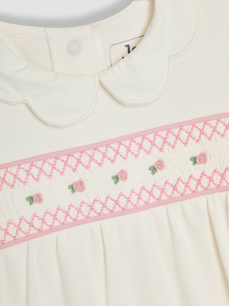 JoJo Maman Bébé Cream Cotton 2-Piece Smocked Sleepsuit and Hat Set