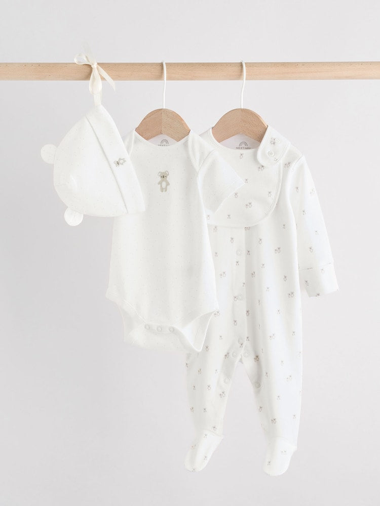 White Baby Sleepsuit, Bodysuit, Beanie and Bib Set 4 Piece (0-9mths) - White / Up to 3 Months (62cm)