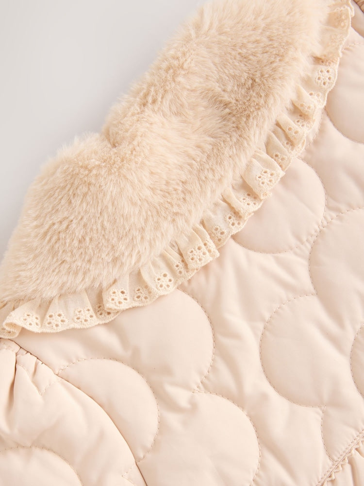Neutral Oversized Collar Faux Fur Quilted Baby Jacket (0mths-2yrs) - Size 50cm (First Size)