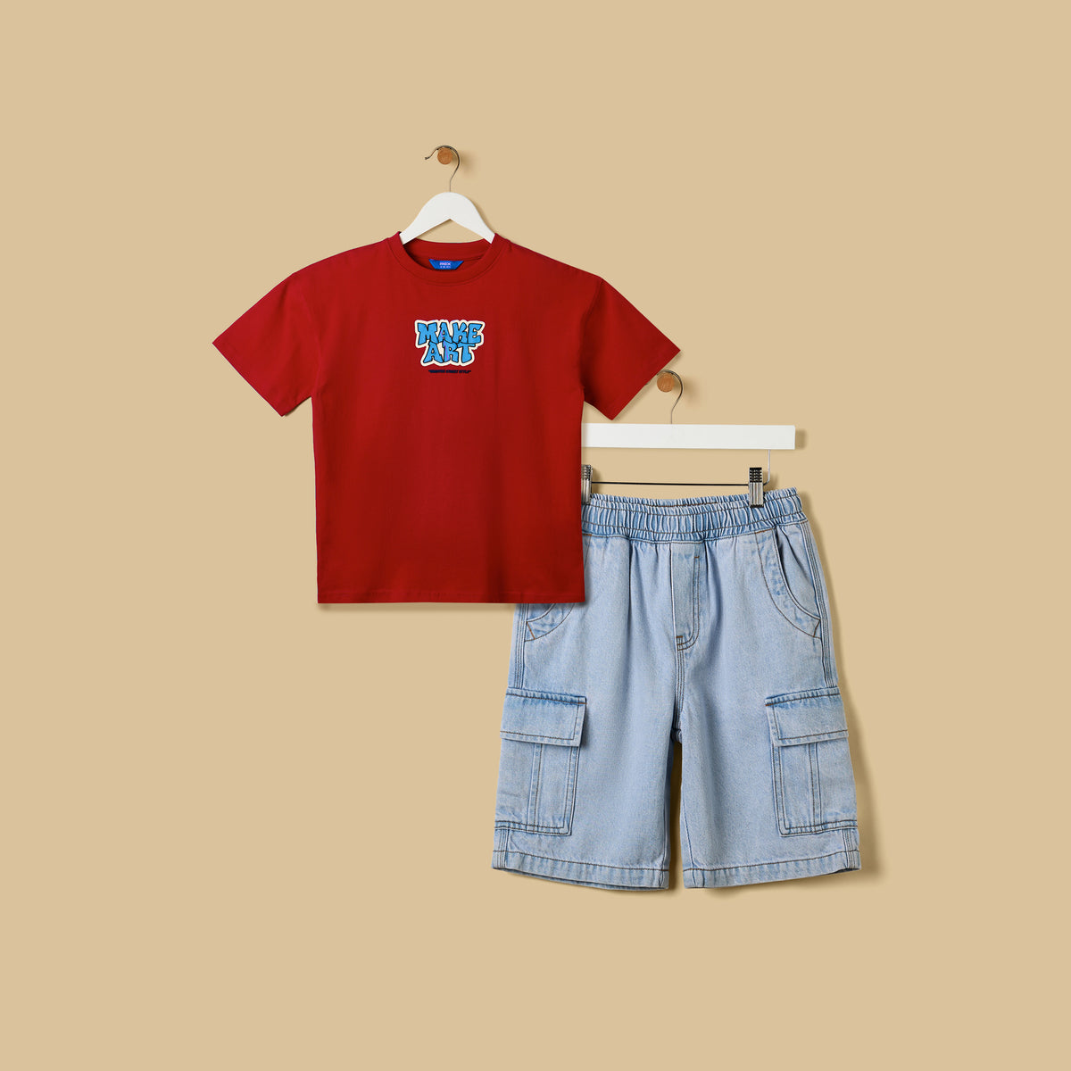 Graffiti Print Cotton T-shirt and Denim Cargo Shorts Set