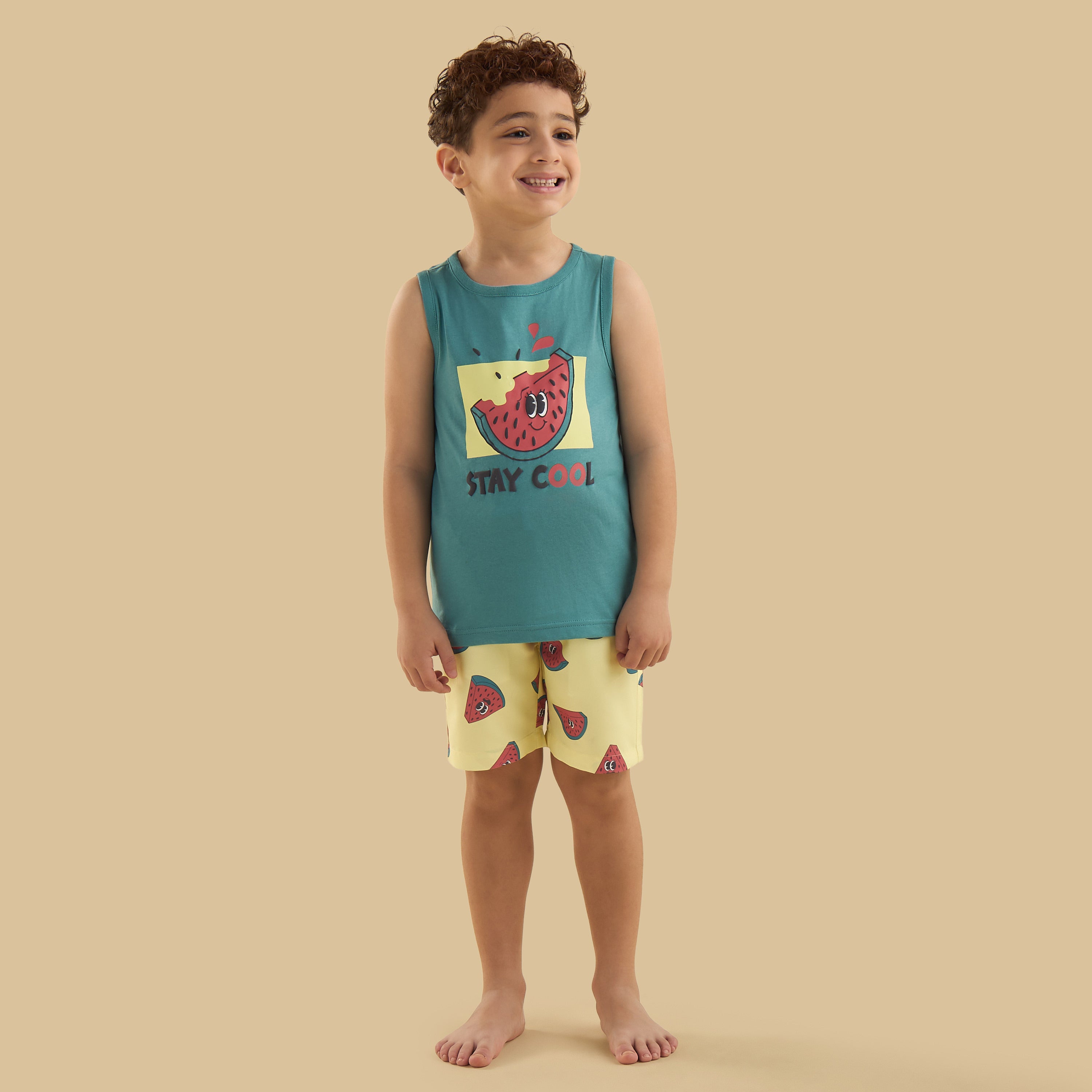 Watermelon Print Sleeveless Swim T-shirt and Shorts Set