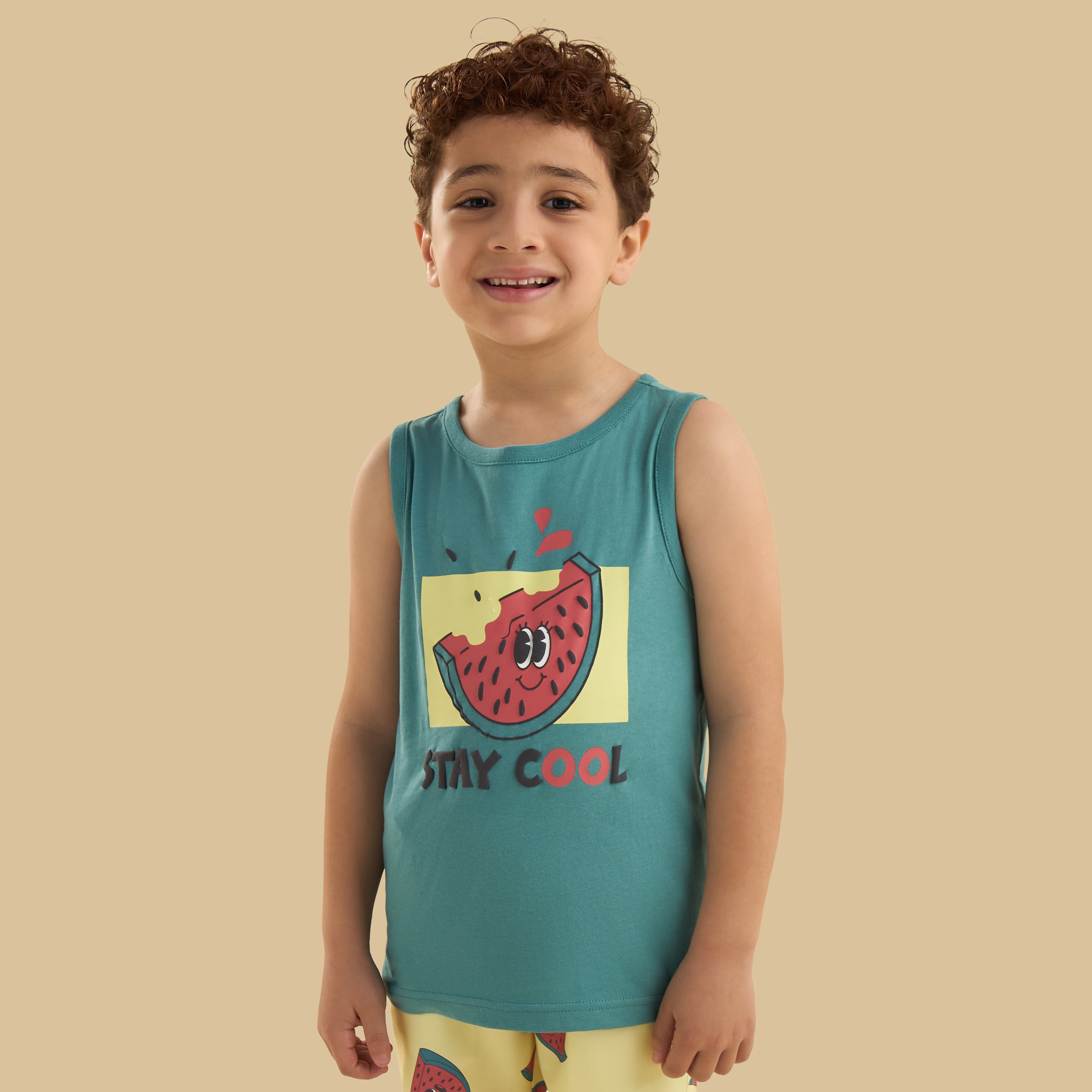 Watermelon Print Sleeveless Swim T-shirt and Shorts Set