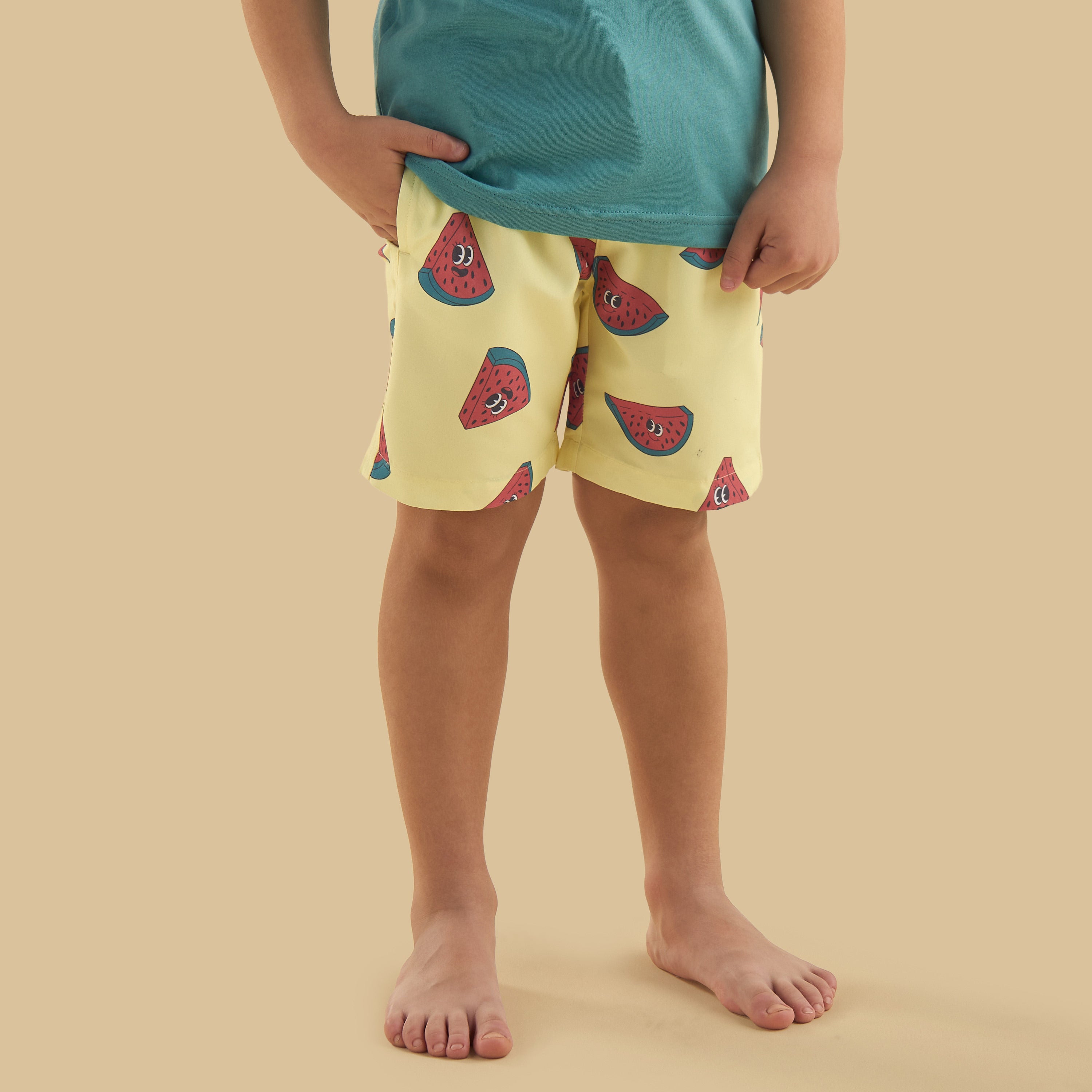 Watermelon Print Sleeveless Swim T-shirt and Shorts Set