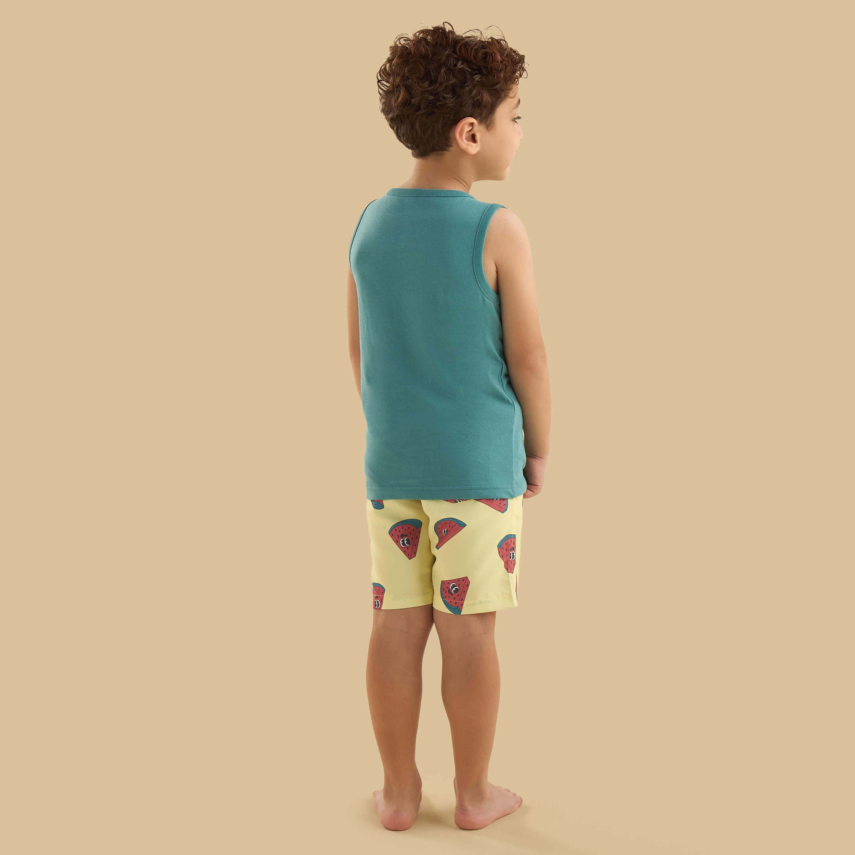 Watermelon Print Sleeveless Swim T-shirt and Shorts Set
