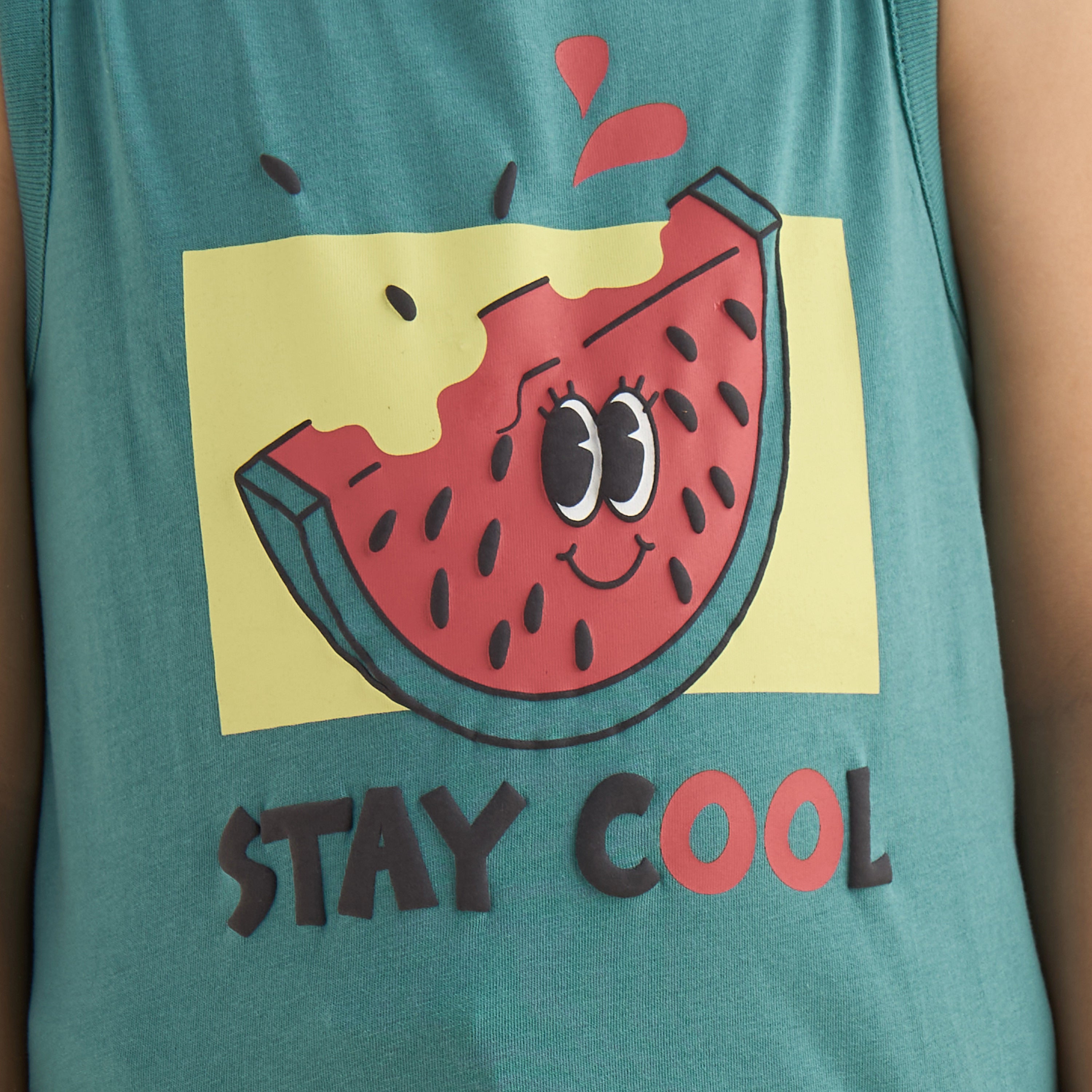 Watermelon Print Sleeveless Swim T-shirt and Shorts Set